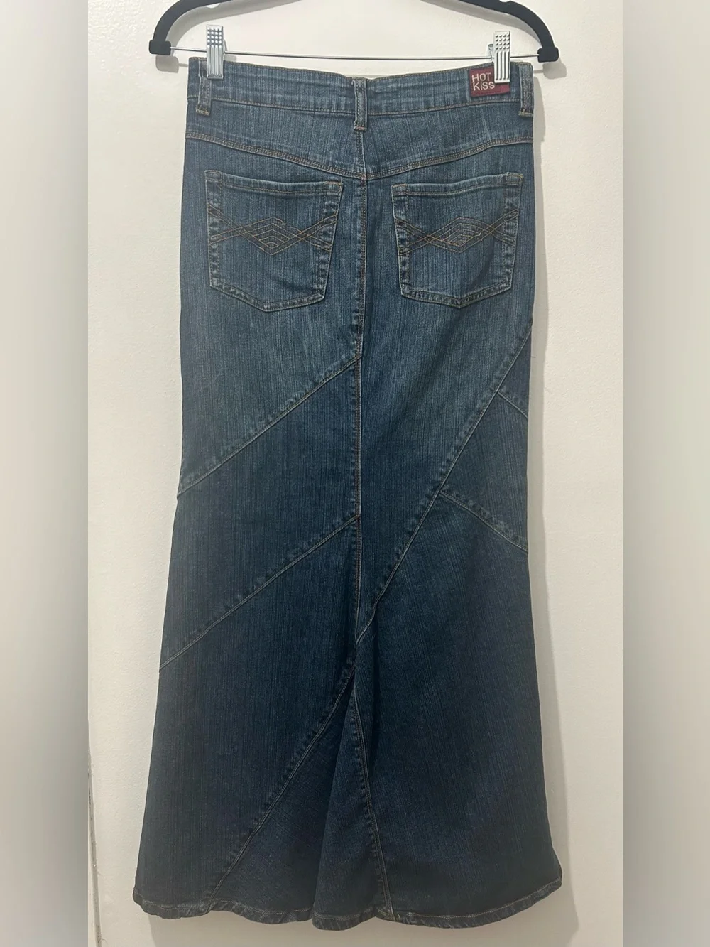 Vintage Y2K Hot Kiss Denim Maxi Jean Skirt Low Rise Mermaid Patchwork Stretch